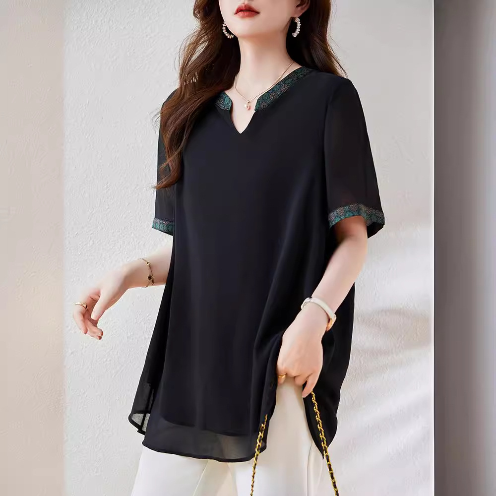 Real Shot in stock Light Luxury plus size Retro Black Top Summer Western Style Stitching Short Sleeve T-shirt Loose Shirt