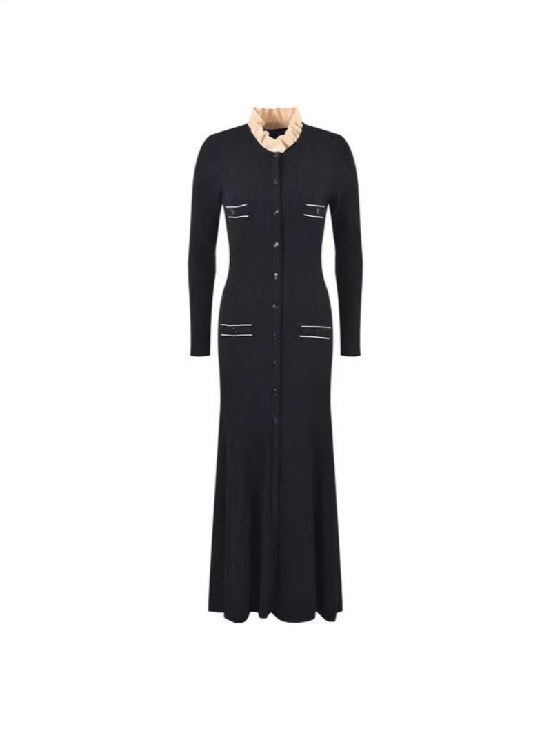Autumn New Style French Elegant Lace Collar Black Slim Fit Lady Long Knitted Dress for Women