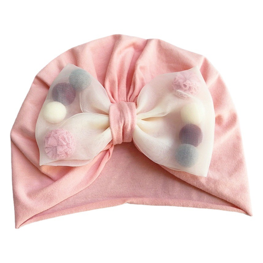 Baby fontanelle protection cap fur ball bow cap spring and autumn thin baby hat newborn fetal cap cute cotton cap