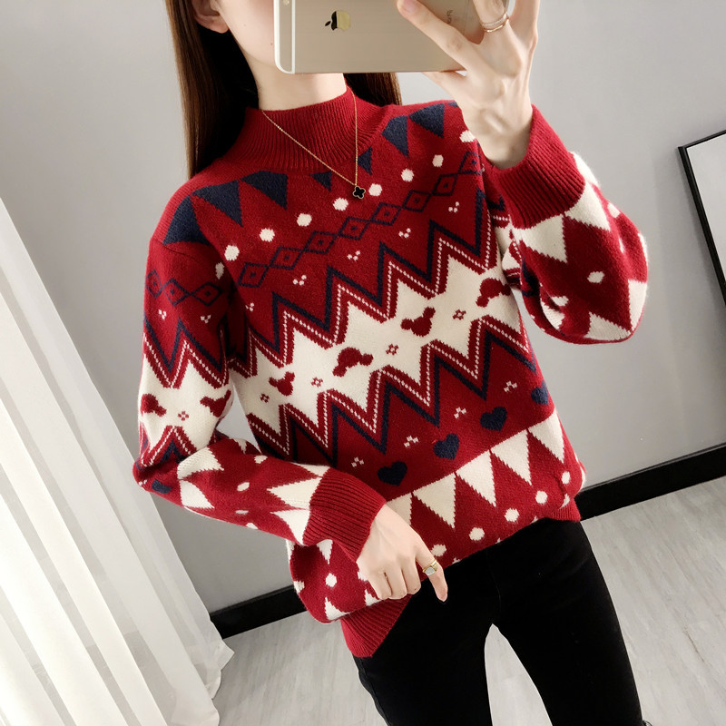 Picture of 2024 New Autumn and Winter Half Turtleneck Fleece-Lined Thickeneded Women's Sweater Fashionable Jacquard Contrast Color Knitted Bottoming Shirt