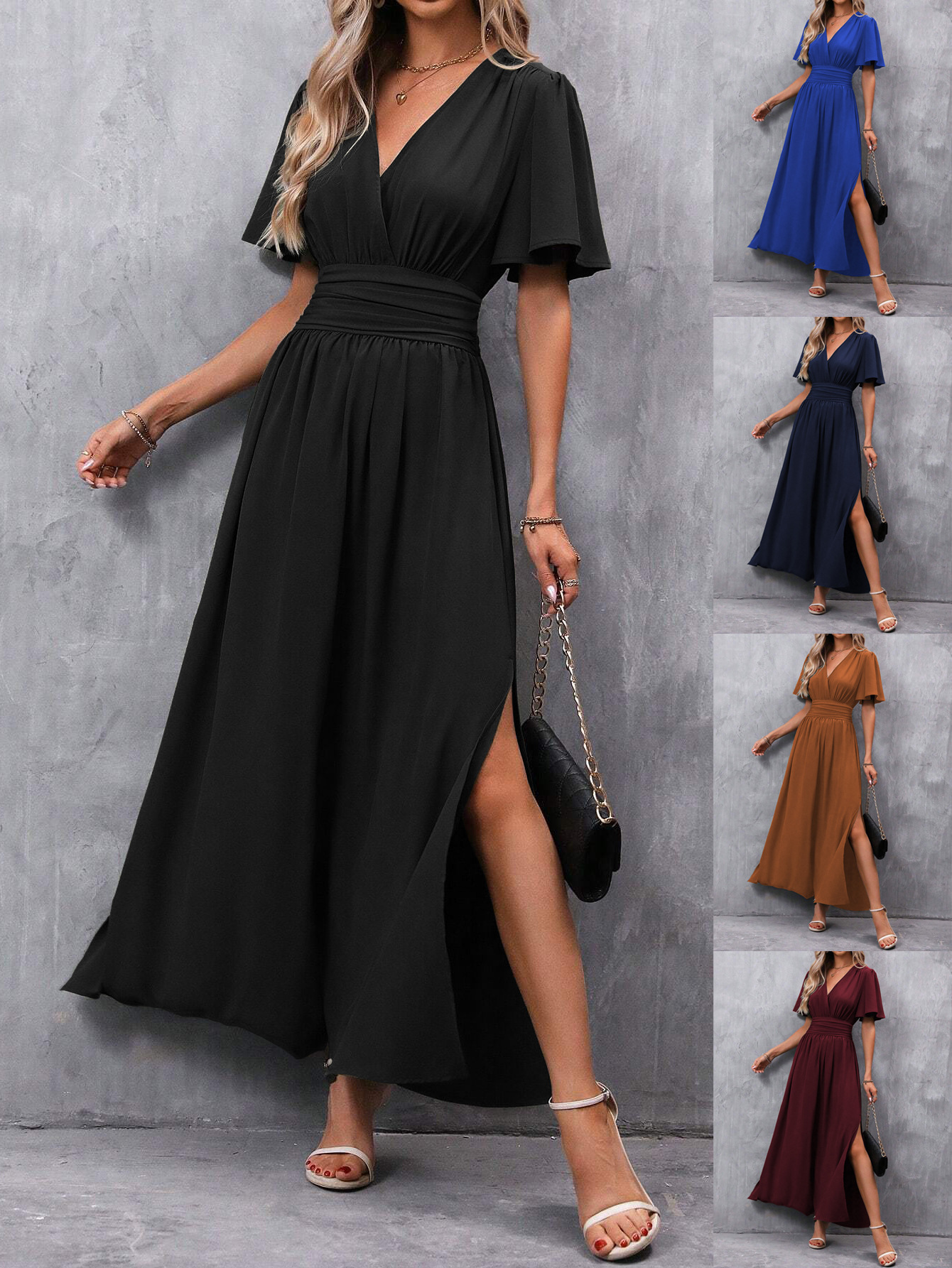Cross-border European and American Amazon bestsellers, elegant flowing sleeves, high slit dress with a high waistband, long women's wear