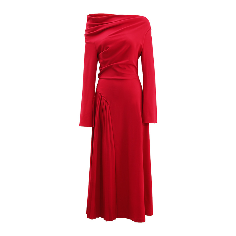 Hepburn Style Autum New Cross-Border One-Shoulder Ladylike Design Pleated Waist Slim Long-Sleeved Dress