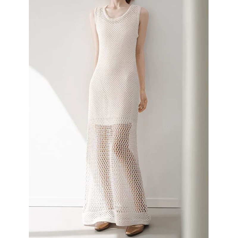 Sleeveless Solid Color Sexy Hollow Mesh Knitted Vest dress Slim-Fit Slimming Long Dress White free size Black