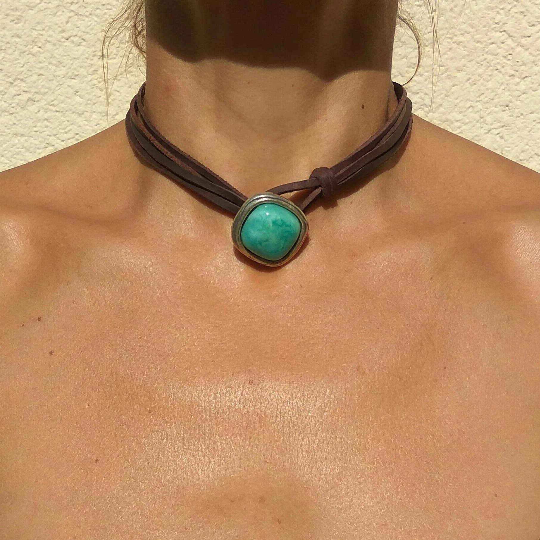 Qiyou bohemian style turquoise alloy leather rope pendant artistic retro multi-layer cross-border Jewelry necklace wholesale