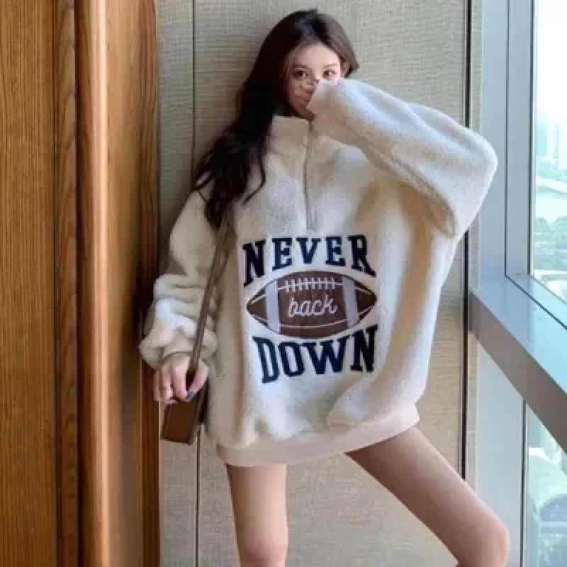 Lamb Plush Sweatshirt Women's Autumn and Winter Korean-style All-match fleece-lined Thickened Loose Mid-length Student Coat Ins Trendy