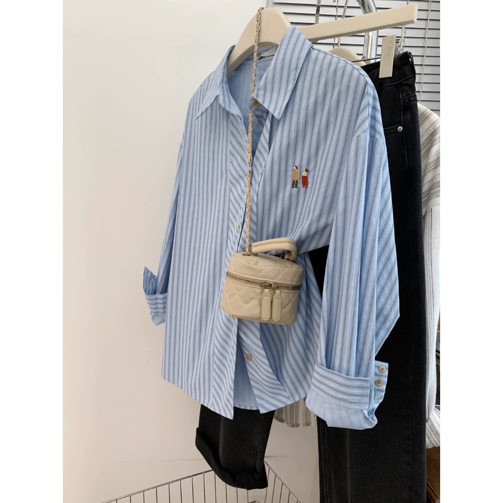 Blue Striped Long-sleeved Shirt Women's Spring and Autumn Inner Shirt Sense Light Luxury Top 2024 Early Spring New Style