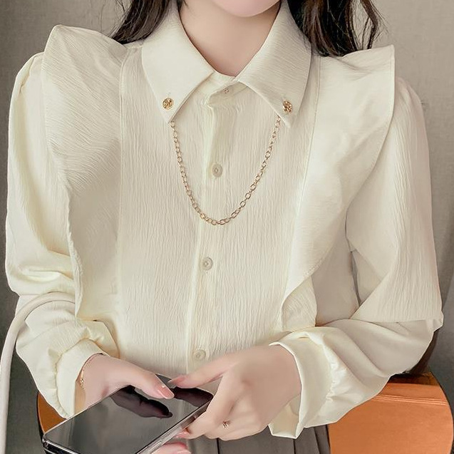 2024 Spring New Retro Hong Kong-style Ruffled Stitching Shirt Women's Design Sense Niche Loose Chic Top Trendy