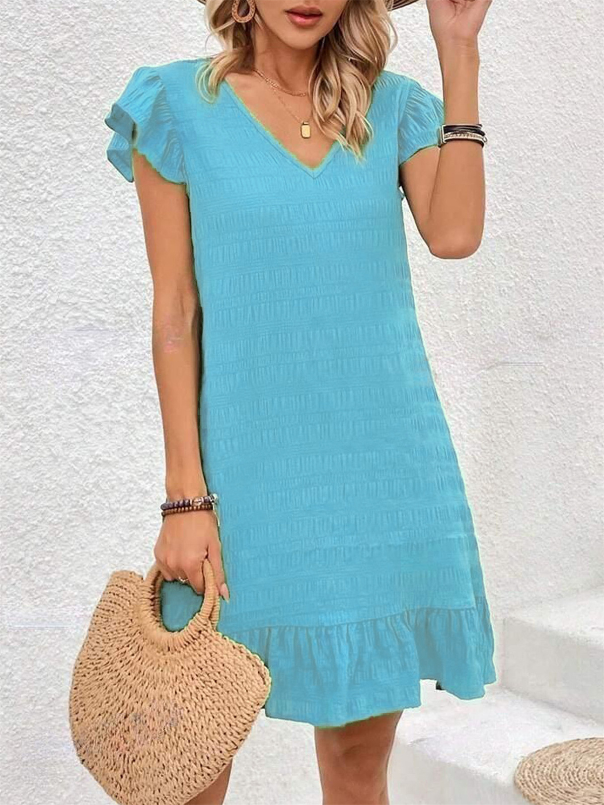 Europe and the United States cross-border Amazon women's 2025 new V-neck covered sleeve pleated blouse elegant short dress