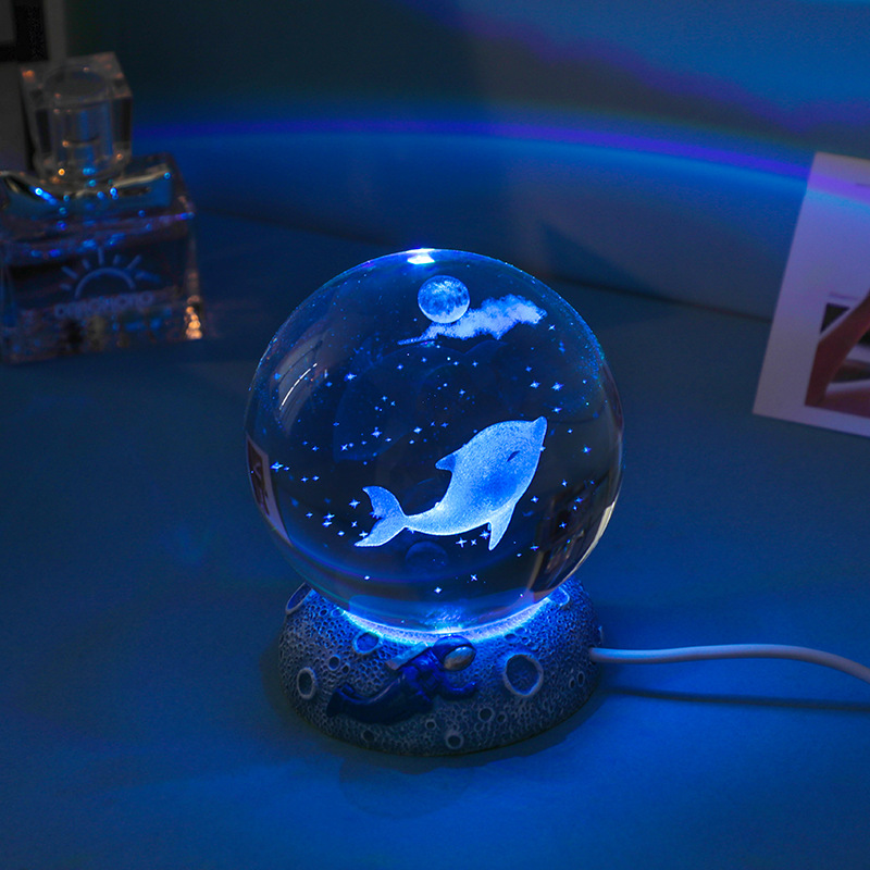 Cross-Border Creative Ocean 3D Carved Crystal Ball Luminous Night Light Bedroom Table Lamp Decorative Ornaments Student Gifts
