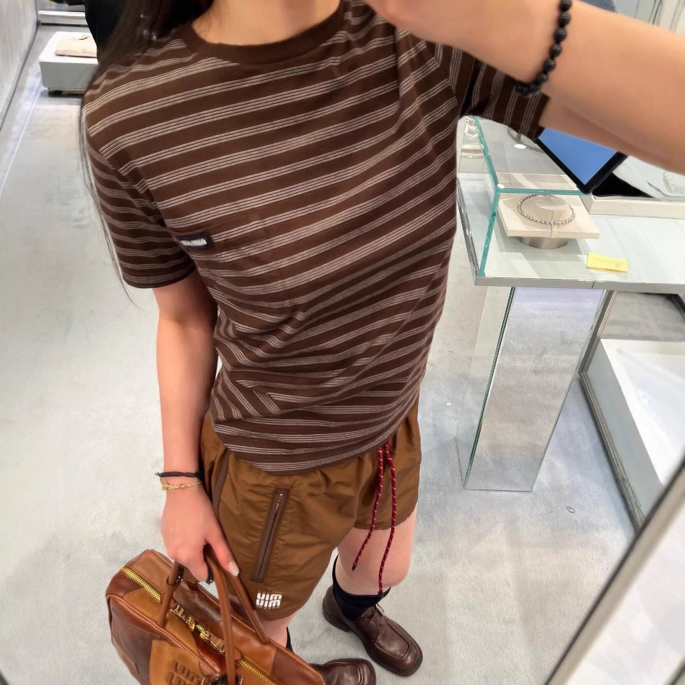 Ready-To-Mouth Original 25 Summer New Mi* Stripesd Short-Sleeved T-Shirt Coffee Color Suit Quick-Drying Sports Casual Shorts Two Pieces