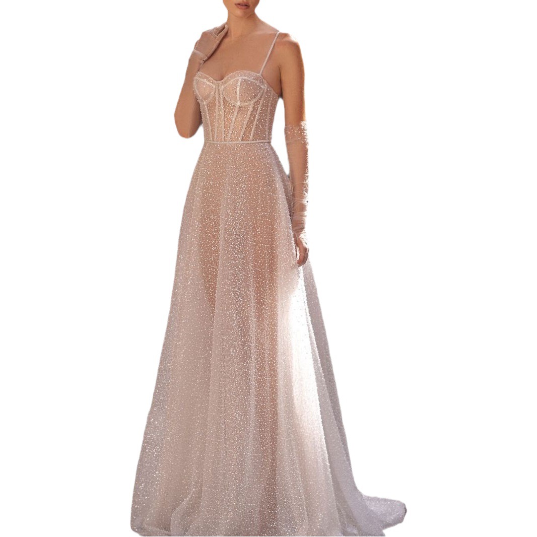 European and American High-end Light Luxury Niche European and American Socialites Shiny White Sling Slim-fit Annual Meeting Show Art Examination Women's Long Dress