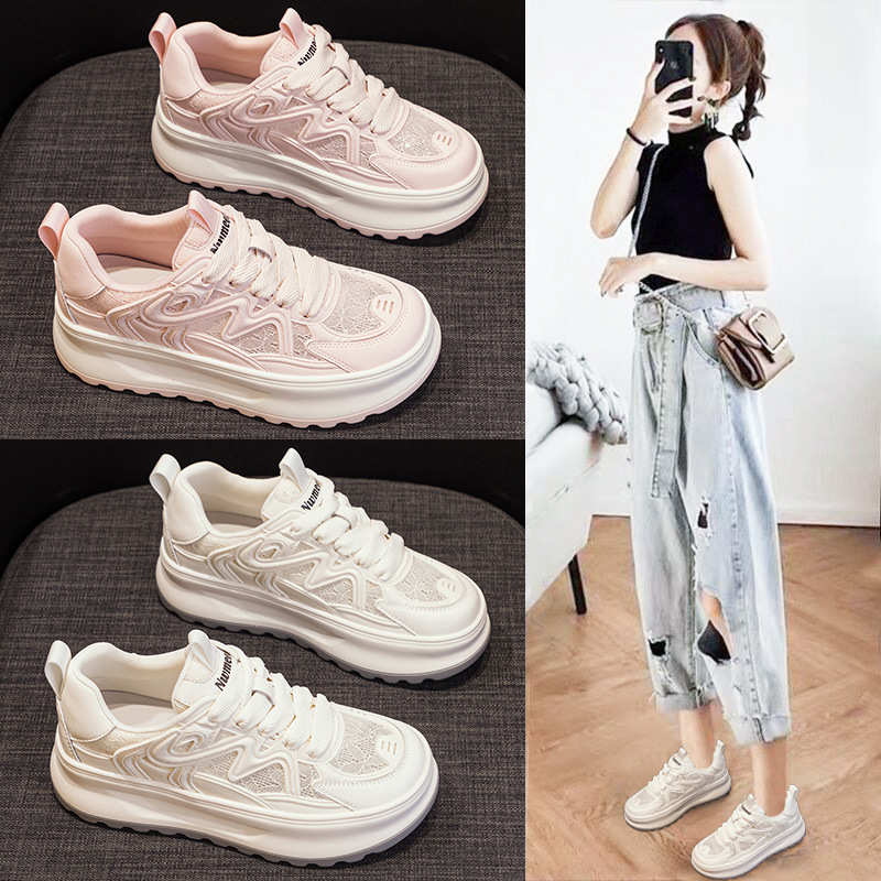 Internet Celebrity White Shoes for Women Summer Thick-Soled Breathable Mesh Shoes 2025 Spring New Popular Casual Sports Shoes
