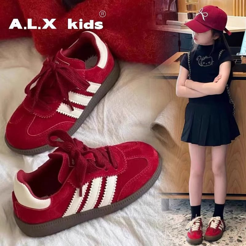 Girls' Retro-Style Moral Training Shoes 2025 Spring Versatile Children's Sneakers Red Boys' Sports Shoes Soft Leather Sneakers