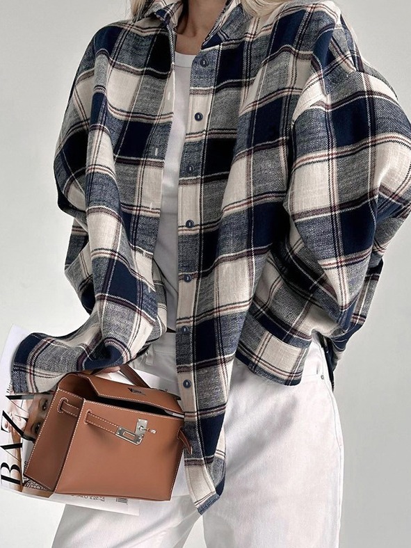 New Plaid Long-sleeved Shirt Loose Casual Lazy Style Large Plaid Shirt Coat European and American Cross-border