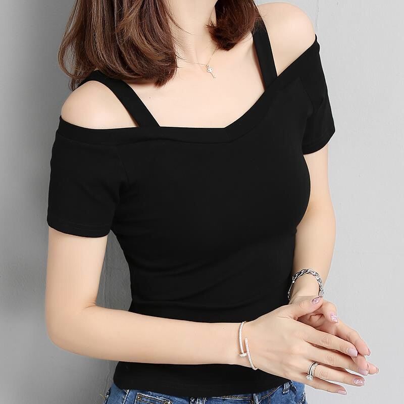 T-Shirt for Women 2025 Summer Korean Style Black L Off-Shoulder Suspender Short-Sleeved T-Shirt Women's One-Line Collar Off-Shoulder Sexy Top Trendy