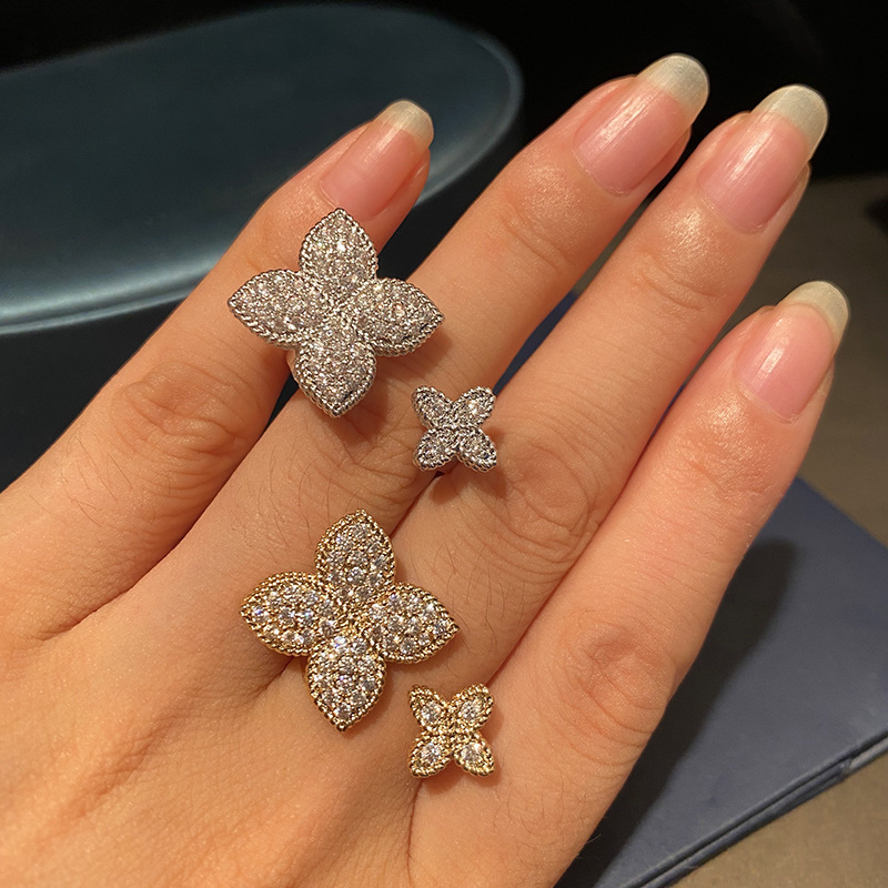 High-End Four-Leaf Flower Inlaid with Zircon Fashionable Open Adjustable Index Finger Ring European and American Ring Wedding Party Women's Ring