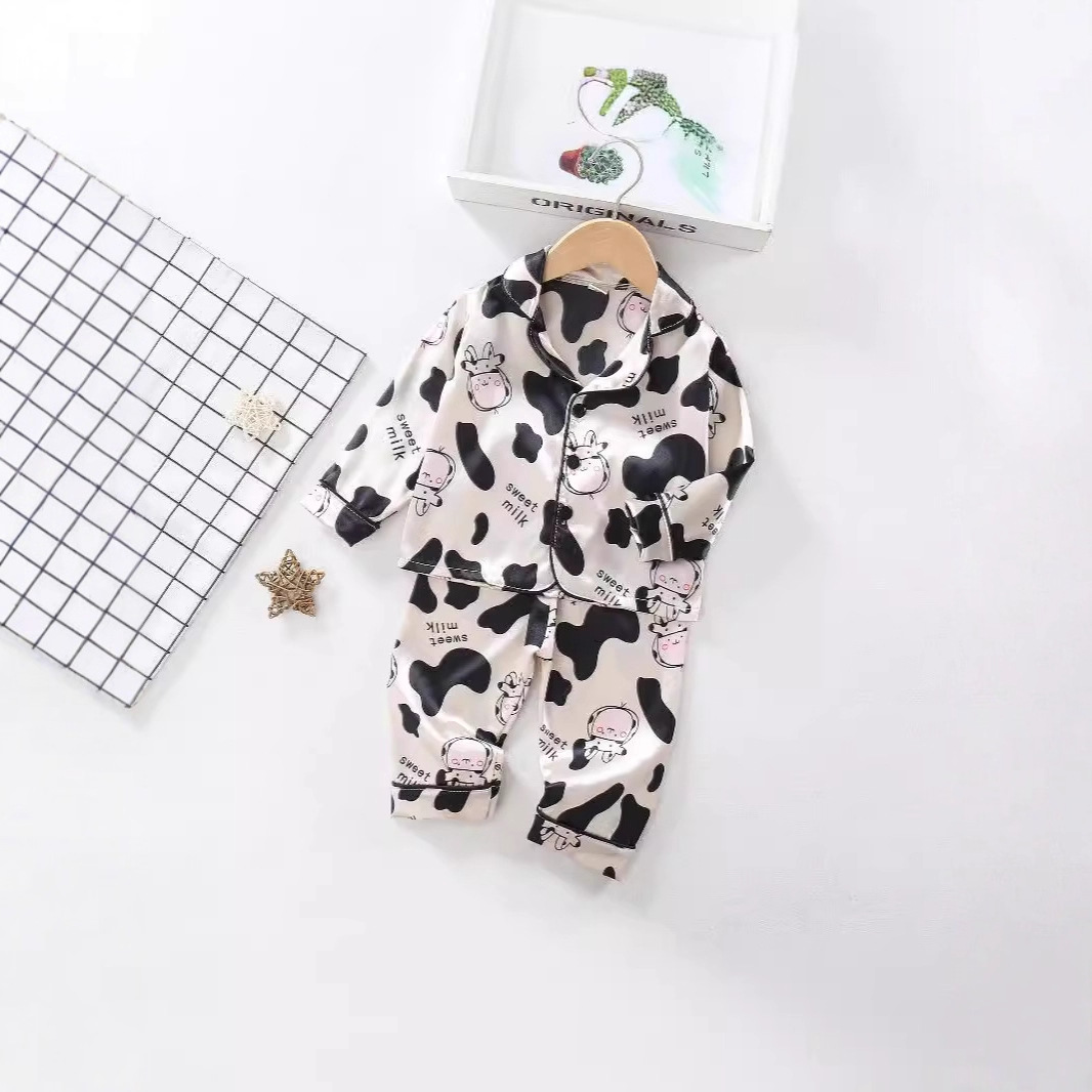 Aliexpress Girls Simulated Silk Pajamas 2024 New Children's Cute Home Clothes Cartoon Cow Thin Air Conditioning Clothes