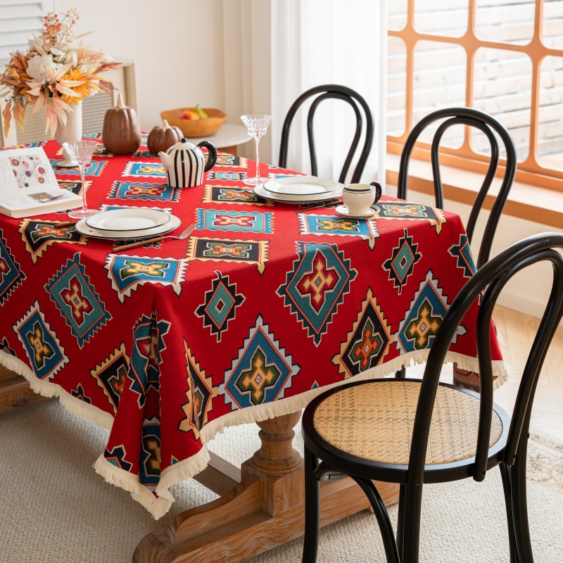 Cross-Border Ethnic Style Tablecloth New Year Red Festive Tablecloth Yarn-Dyed Jacquard Fabric Tablecloth Rectangular