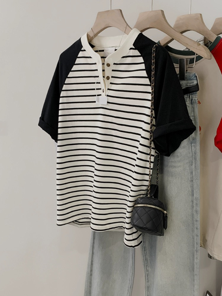 Korean-Style Striped Raglan Sleeve Short-Sleeve T-Shirt for Women, Summer 2025 New Design, Niche Loose Top Tee