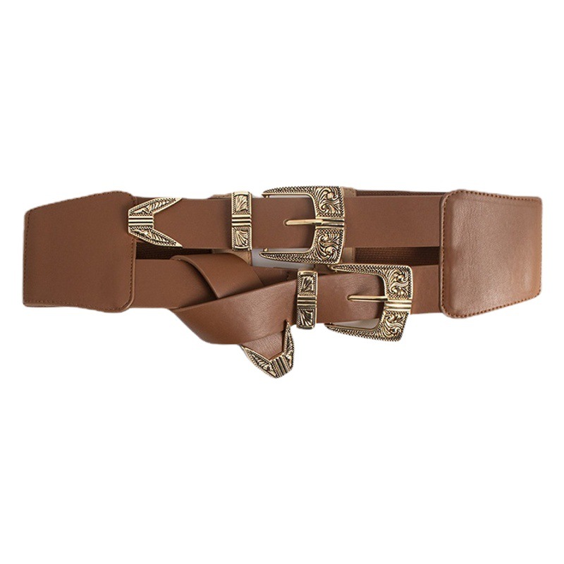 Women's Fashion Western-style Carved Wide Elastic Snaps Adjusting Waist Seal Cross-border cowgirl Elastic plus size Waist
