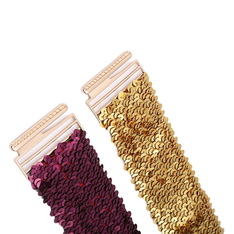 Cross-border Hot Selling Women's Sequin Belt Dress Waist Seal Elastic Stretch Gold Alloy Buckle Belt