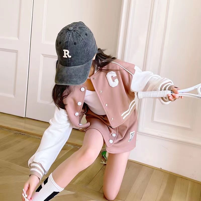 Picture of Girls Korean Spring and Autumn Suit 2024 Autumn Fashionable New Button Baseball Uniform Short Skirt Two-Piece Set for Big Children