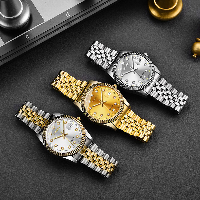 Picture of Diamond Face Steel Band Calendar Watch Women's Simple Casual Student Fashion Quartz Gold suit Men's Watch Couple