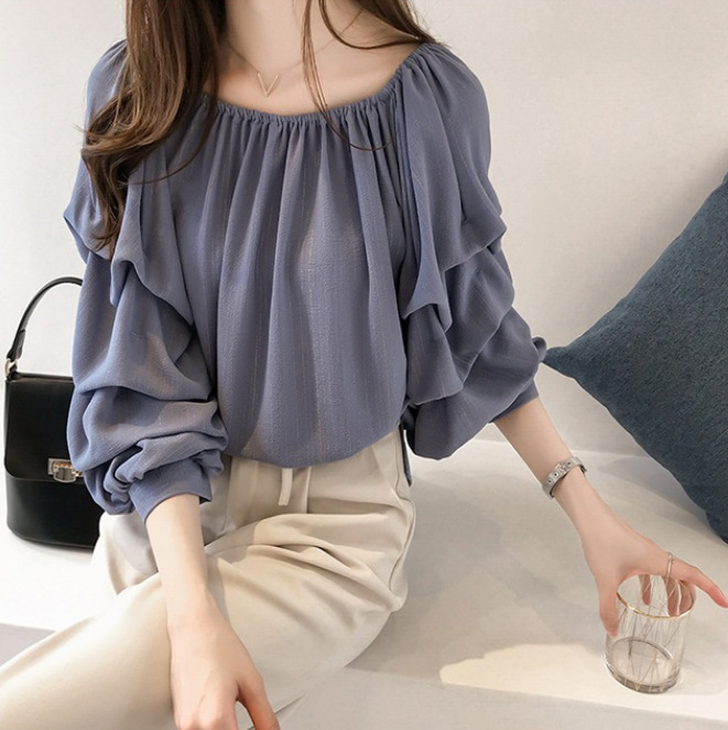 2025 Summer Women's New Korean Style Loose and Slim Pure Color One-Line Collar Bottoming Chiffon Shirt for Women