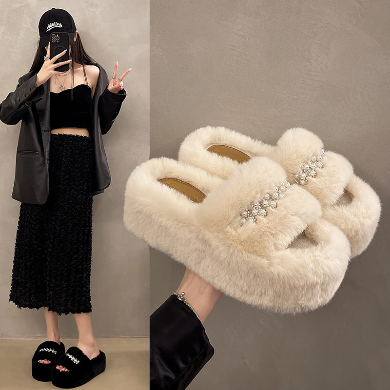 2024 autumn and winter new pearl fairy fluffy slippers cute coral fleece indoor home thick-soled high-grade woolen slippers