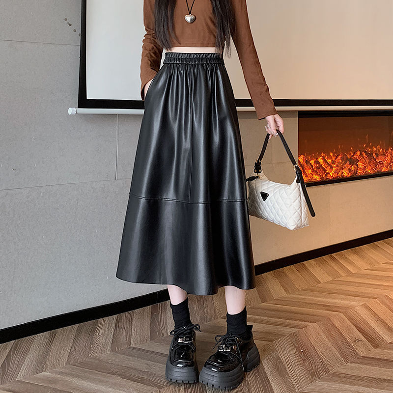 2024 Autumn and Winter High Waist All-match PU Leather Wash Leather Skirt Skirt Loose Waist Midi A- line Skirt Umbrella Skirt