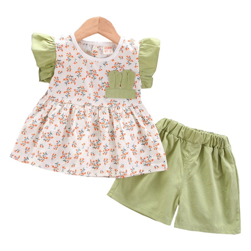 2023 Summer New Arrival Korean Style Girl's suit Cute Sweet Floral Short Sleeve Lace Crewneck Culottes Two-Piece Set