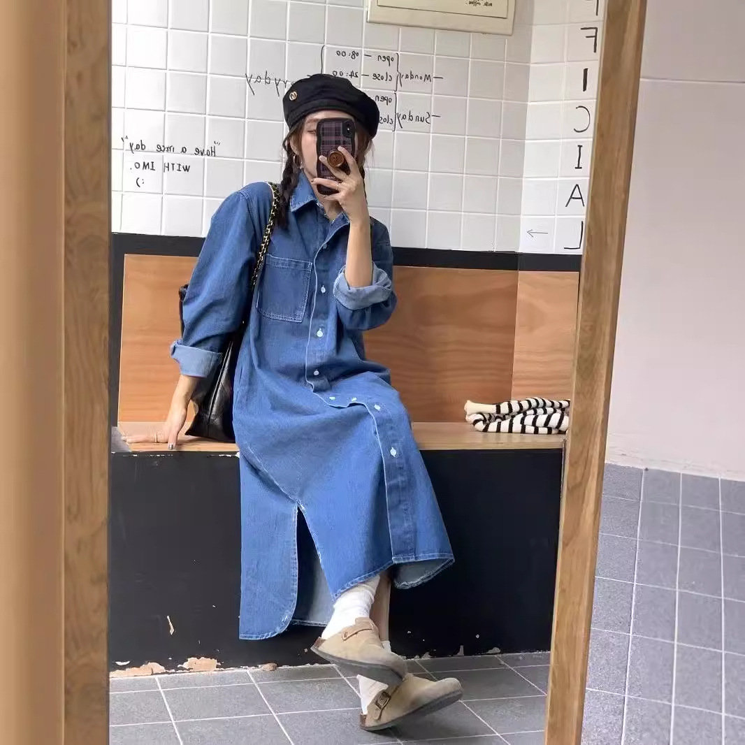 Korean Chic Spring and Autum Simple Lapel Single-Breasted Loose Shirt Dress Casual Long Denim Dress for Women Autum