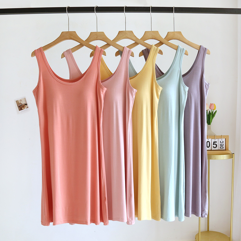 Summer modal vest dress with chest pad women's breathable thin pullover home wear nightdress solid color loose can be worn outside