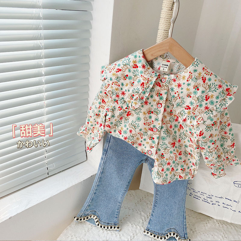 Ancorelala Autumn Girls' Set Cute Little Floral Turn-Down Collar Shirt and Flared Jeans Set