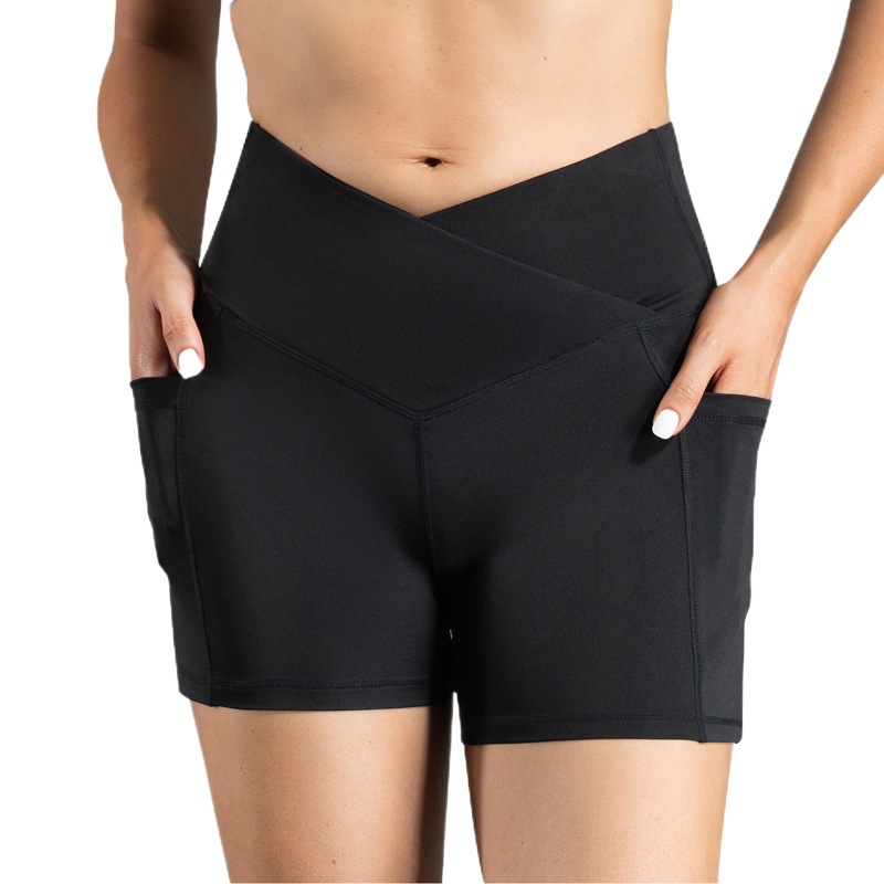 European and American cross-border high elastic cross waist shorts women's belly contracting hip lifting sports fitness yoga pants tight nude three pants