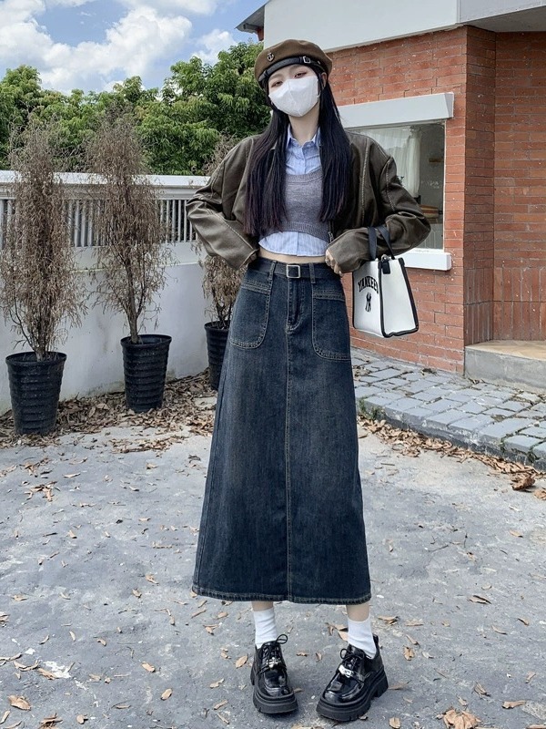 Retro high waist Denim one-step skirt for women 2024 autumn new split slimming skirt mid-length A- line skirt