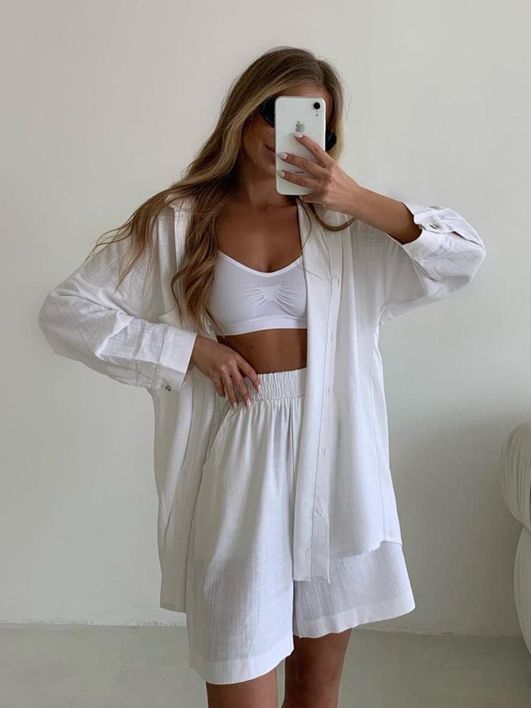 Picture of Casual plus size Long-sleeved Single-breasted Shirt Shorts Two-piece Set Elegant Spring and Autumn Loose Fashionable Solid Color Sports suit