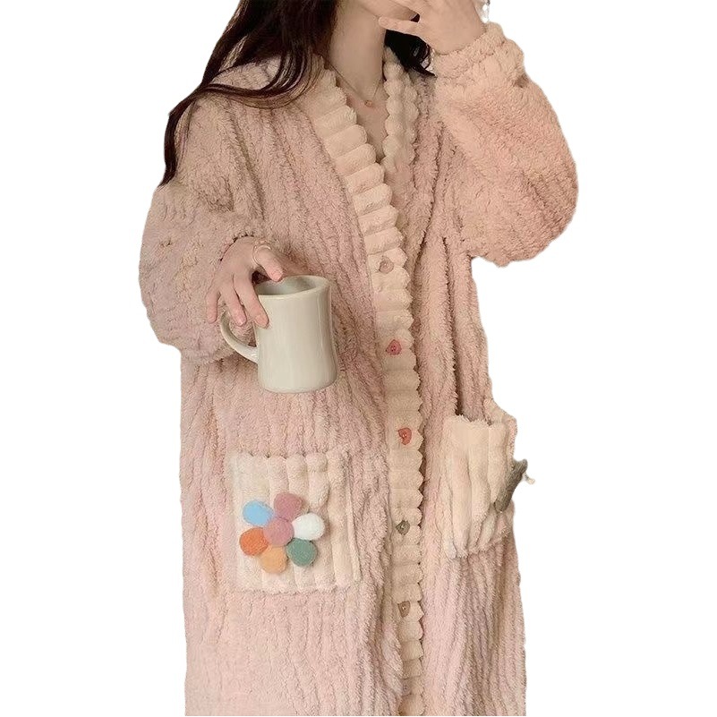 V-neck sunflower nightgown pajamas women's autumn and winter coral fleece student dormitory thickened plus size outerwear homewear