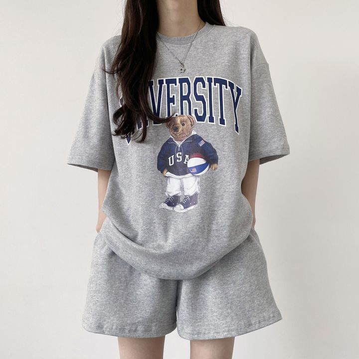 100 Cotton Two-piece Suit Women's plus size Korean Style Summer Fashion Casual Sportswear Cartoon Short-sleeved Shorts Women's Clothing