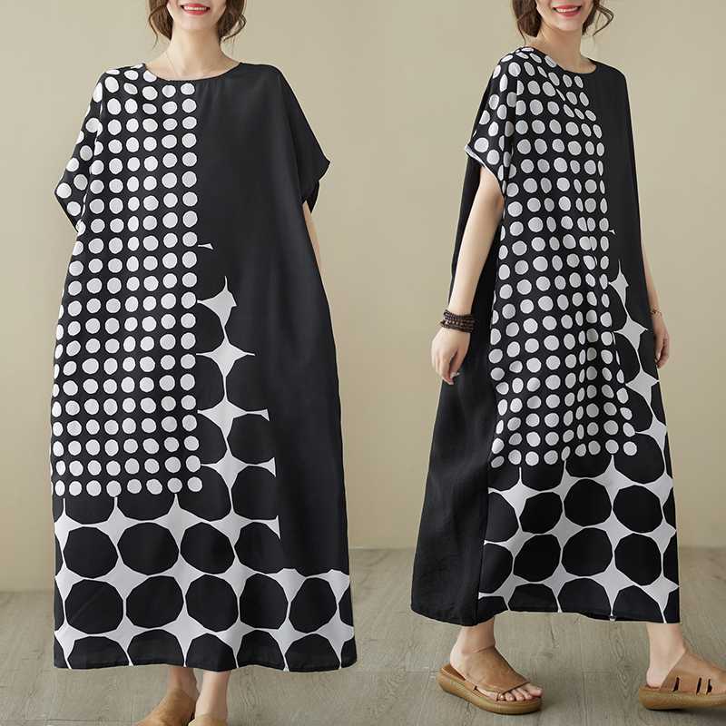 Picture of 2023 Summer New Artistic Size Wave Dot Stitching Printing plus size Short-sleeved Robe dress