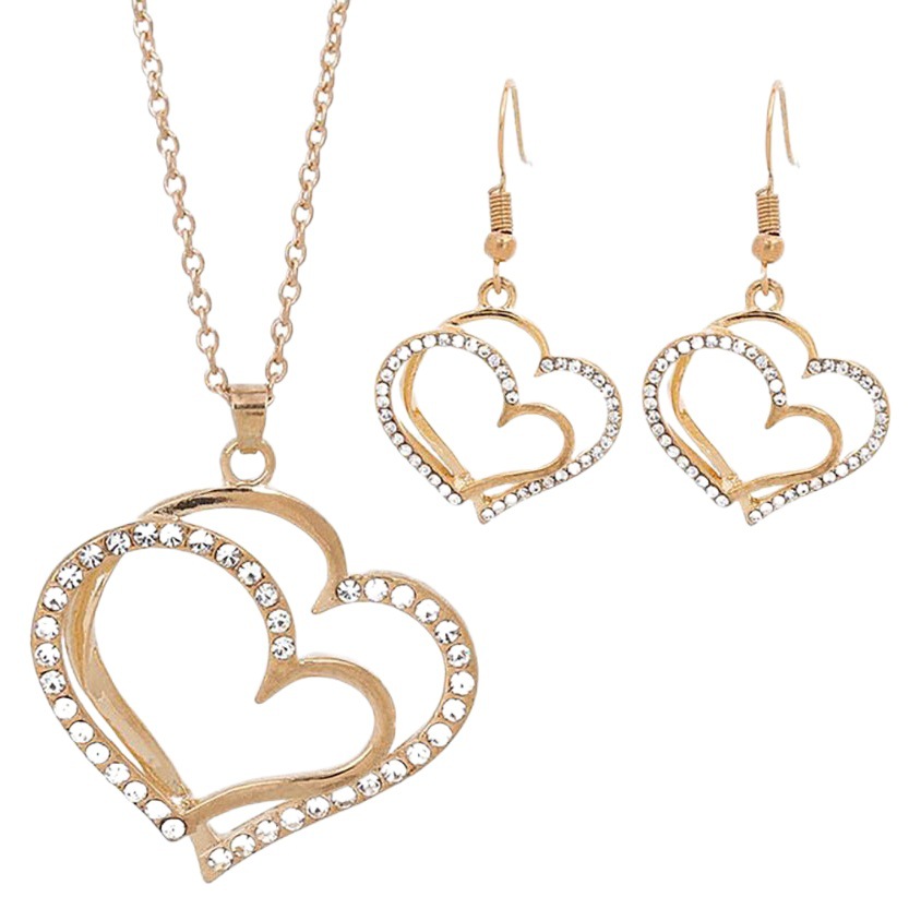 European and American women's love jewelry suit retro fashion personality alloy diamond inlaid hollow heart pendant necklace earrings