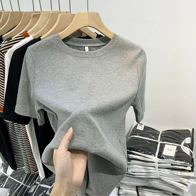High-end Thread Short-sleeved T-shirt Women's Summer New Round Neck Slim-fit Stylistic Base Shirt T-shirt Solid Color All-match Top