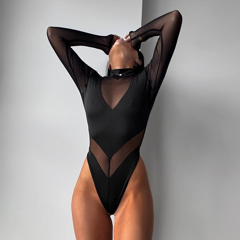 Picture of European and American foreign trade new women's solid color long sleeve half high collar mesh stitching perspective fashion sexy tight body suit