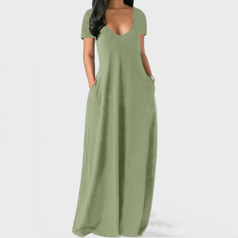 Picture of 2021 Europe and the United States summer cross-border foreign trade new plus size women's solid color dress sexy deep V short sleeve dress