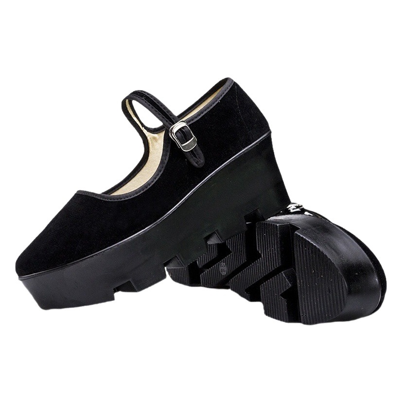 Women's Cloth Shoes, Platform Thick-Soled Flat Shallow-Mouth Hotel Work Shoes, Dance Shoes, Wedge Heel, Black, Breathable and Lightweight
