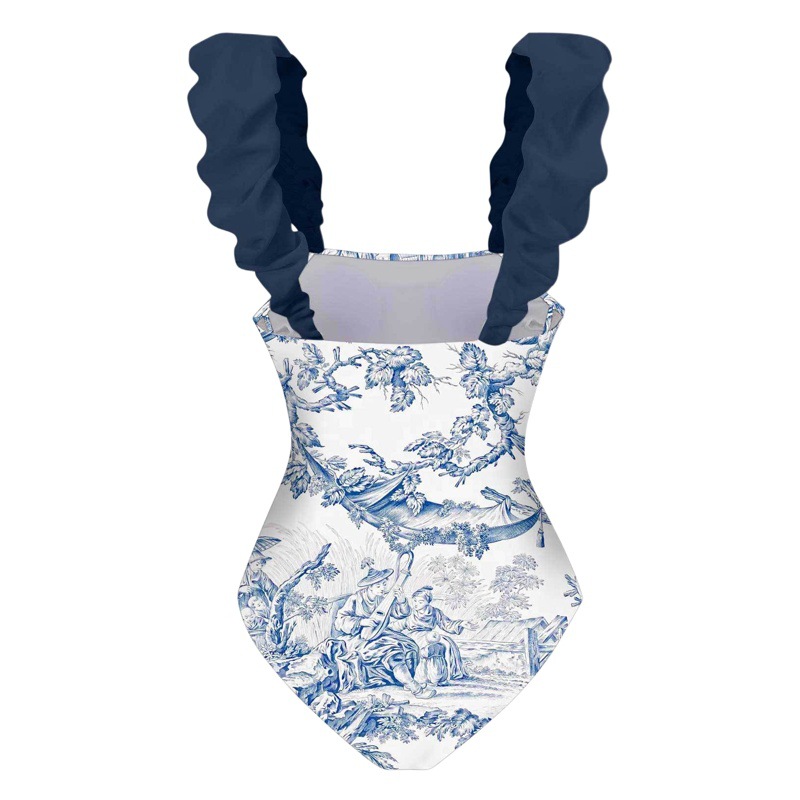 2024 Cross-border New Flannel Women's Swimwear European and American French Retro Belly-covered Slim Swimwear Beach Dress