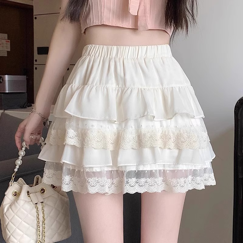 Picture of Cake skirt midi skirt for women, spring/summer high-waisted petite A-line skirt, ballet princess style, puffy short skirt, white lace