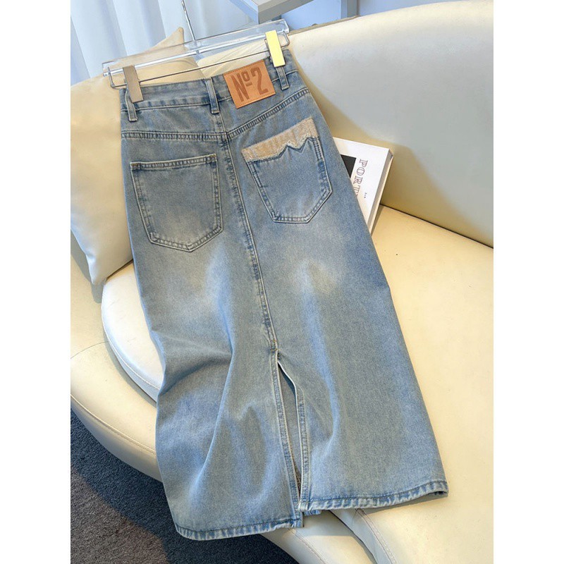 Light Color Denim Skirt Women's 2024 New Spring and Autumn Mid-length High Waist Slimming Split A- shaped Hip Skirt
