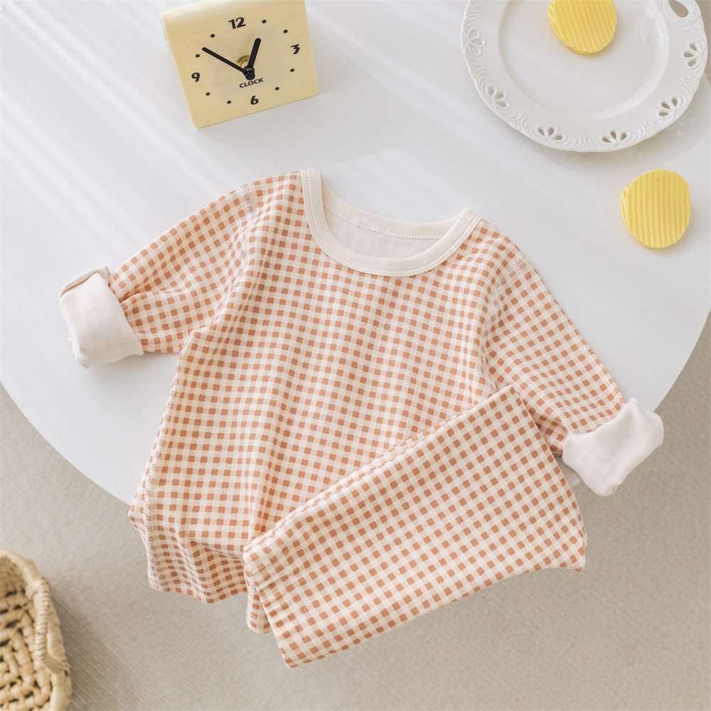 Picture of ins Plaid children's home wear underwear suit boys and girls baby bottoming clothes children's autumn clothes long pants suit