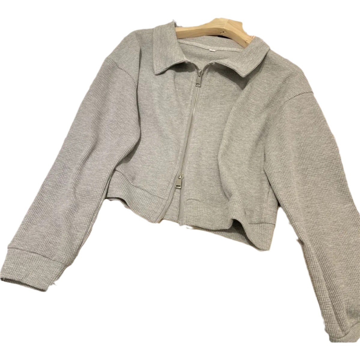 Waffle Lapel Sweatshirt Women's Design Sense Double Zipper Sky Blue Loose All-match Thin Short Coat Trendy Top